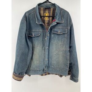 Plugg Jeans Mens Denim Jacket Grunge Plaid Flannel Lined Blue Trucker Lg
